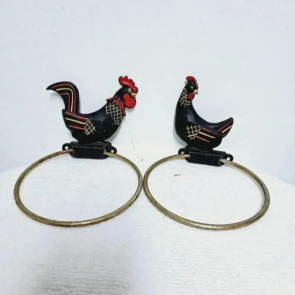vintage rooster hen chicken round vintage towel bar iron - Picture 2 of 11